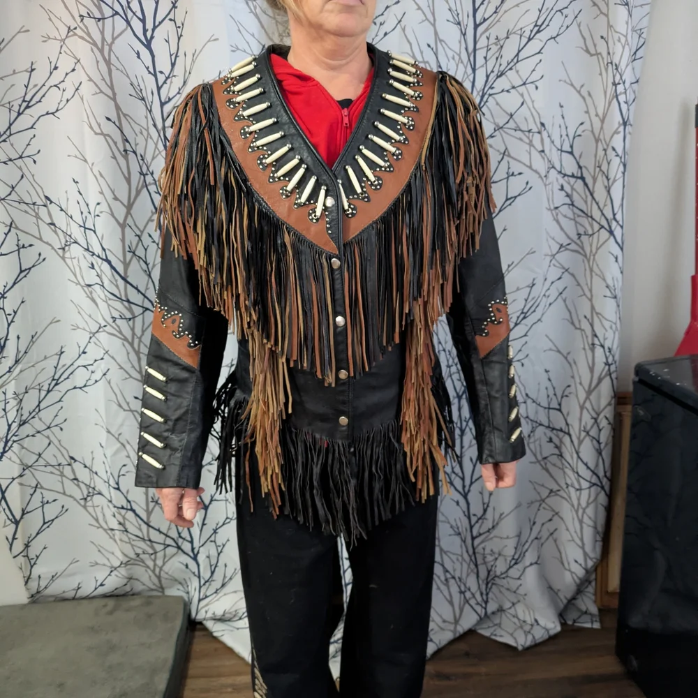 Fringe Leather Jacket with Beaded Accents - Picture 1 of 12